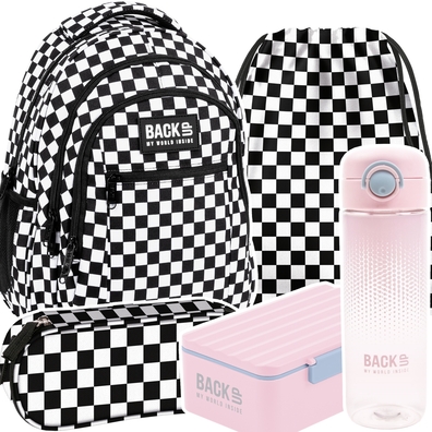 Plecak szkolny BackUP 5 el. SZACHOWNICA + bidon 600 ml + box różowy