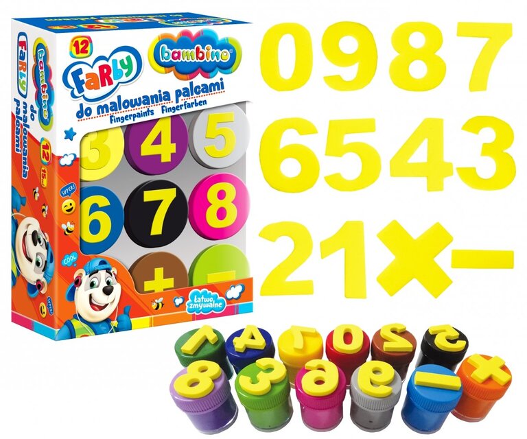 Farby do malowania palcami BAMBINO + 12 stempelków cyferki 12x15ml